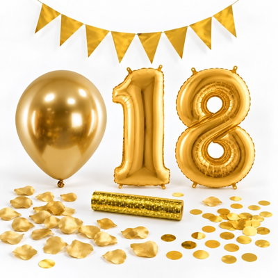 18-års festpaket, Guld, Stor – paketets dekorationer på vit bakgrund