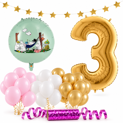 Mumin 3 år – dekorationspaket Rosa – paketets produkter