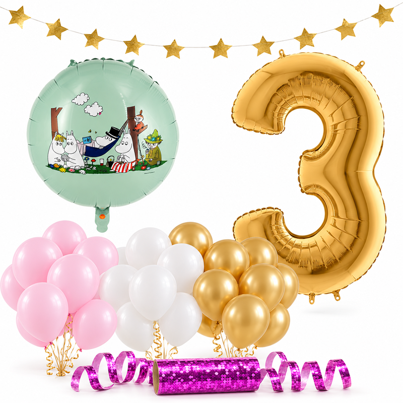 Mumin 3 år – dekorationspaket Rosa – paketets produkter
