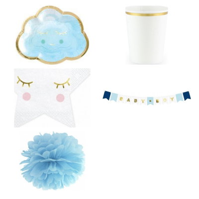 Babyshower pojke – blå moln – fikapaket, 6 gäster – produktöversikt