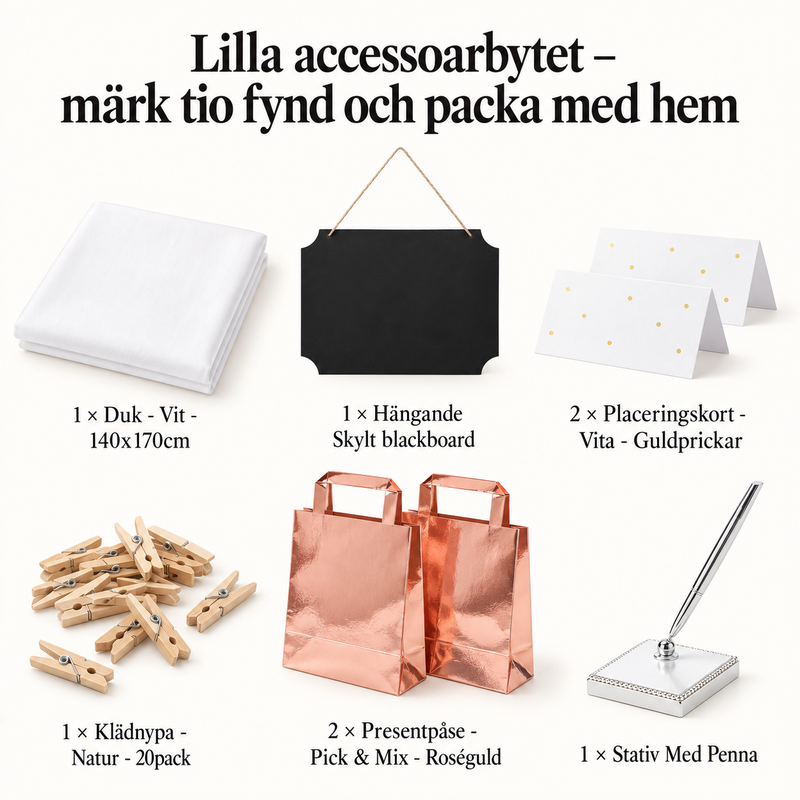 Lilla accessoarbytet – märk tio fynd och packa med hem – innehåll och antal försäljningsförpackningar