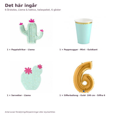 6-årskalas, Llama & kaktus, kalaspaket, 6 gäster – innehåll och antal, sifferballong 100 cm
