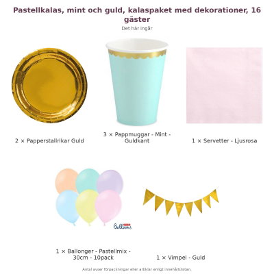 Pastellkalas, mint och guld, kalaspaket med dekorationer, 16 gäster – innehåll och antal förpackningar