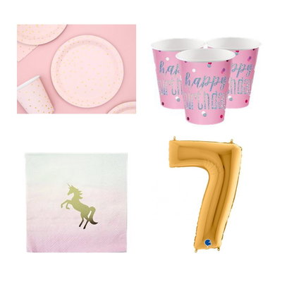 7-årskalas, Enhörningskalas, kalaspaket, 8 gäster – paketets produkter med sifferballong 100 cm