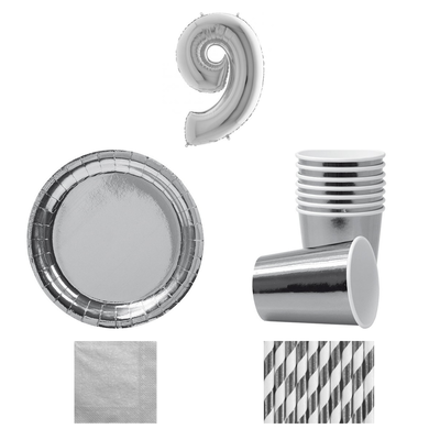 9-årskalas, Silver, kalaspaket, 8 gäster – sammansatt bild av paketets produkter