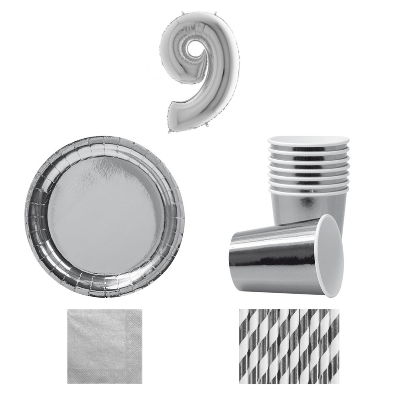 9-årskalas, Silver, kalaspaket, 8 gäster – sammansatt bild av paketets produkter