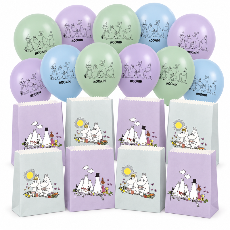 Mumin – kalaspåsar och ballonger för 8 barn – paketets produkter