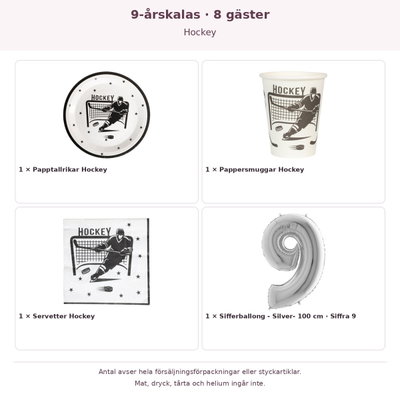 9-årskalas, Hockey, kalaspaket, 8 gäster – innehåll och antal förpackningar
