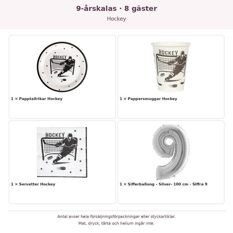 9-årskalas, Hockey, kalaspaket, 8 gäster – innehåll och antal förpackningar