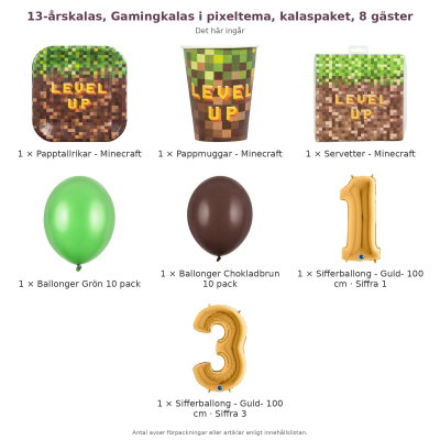 13-årskalas, Gamingkalas i pixeltema, kalaspaket, 8 gäster – innehåll och antal förpackningar