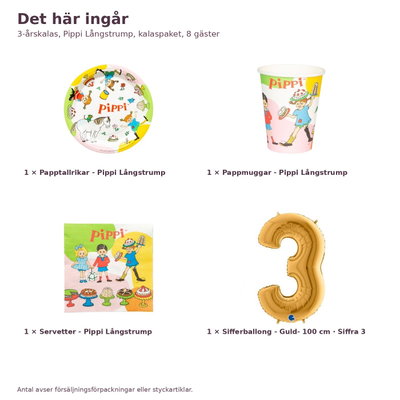 3-årskalas, Pippi Långstrump, kalaspaket, 8 gäster – innehåll och antal, sifferballong 100 cm
