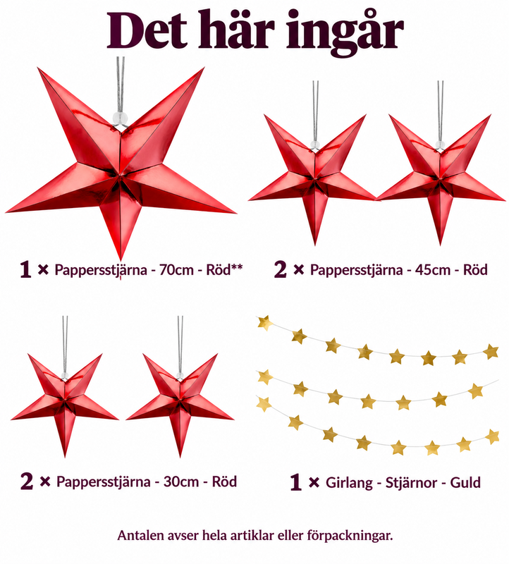 Det här ingår: Julens stjärntak – fem röda pappersstjärnor i tre nivåer