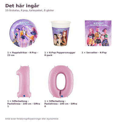 10-årskalas, K-pop, kalaspaket, 8 gäster – innehåll och antal, sifferballong 100 cm