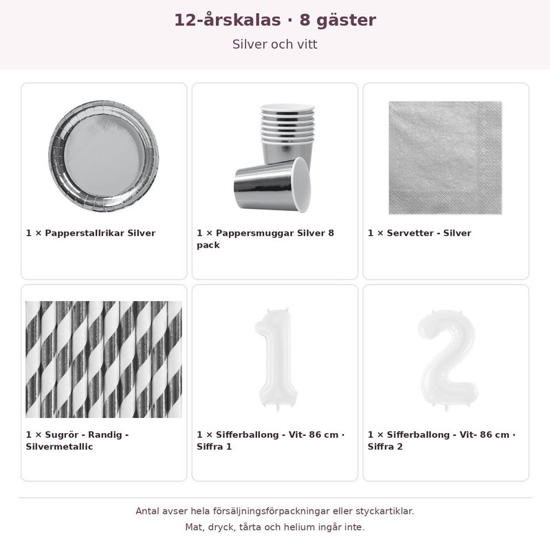 12-årskalas, Silver och vitt, kalaspaket, 8 gäster – innehåll och antal förpackningar