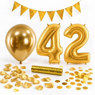 42-års festpaket, Guld, Stor – paketets dekorationer på vit bakgrund