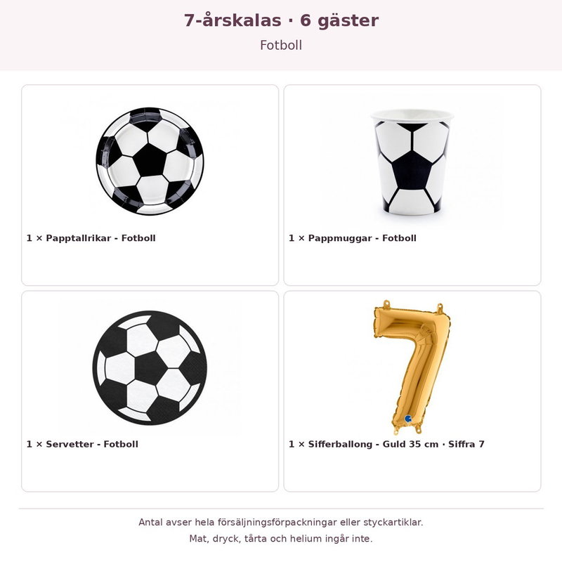 7-årskalas, Fotboll, kalaspaket, 6 gäster – innehåll och antal förpackningar