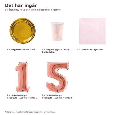 15-årskalas, Rosa och guld, kalaspaket, 6 gäster – innehåll och antal, sifferballong 100 cm