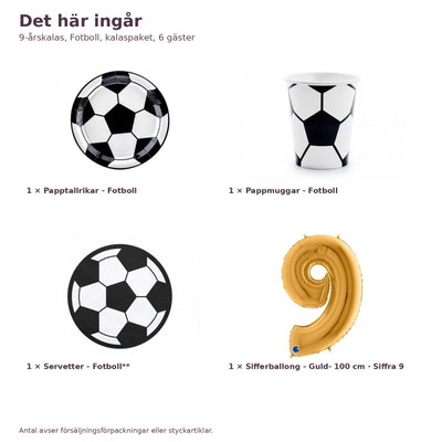 9-årskalas, Fotboll, kalaspaket, 6 gäster – innehåll och antal, sifferballong 100 cm