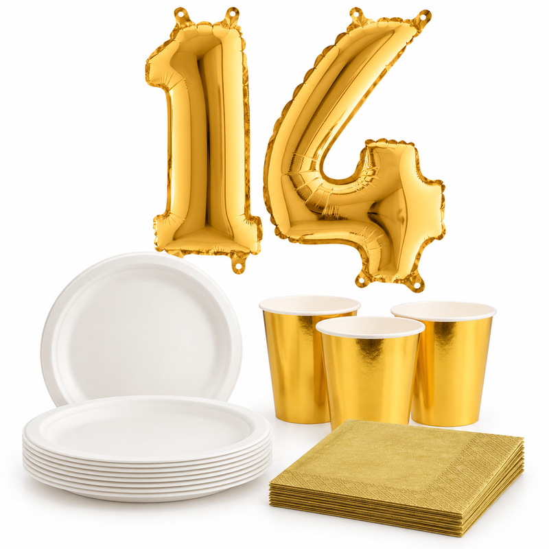 14-årskalas, Vitt och guld, kalaspaket, 6 gäster – paketets innehåll