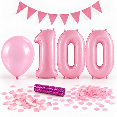 100-års festpaket, Rosa, Stor – paketets dekorationer på vit bakgrund