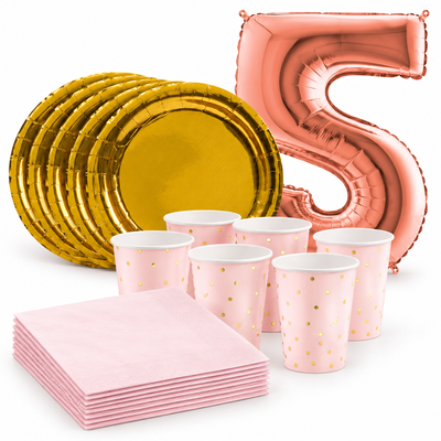 5-årskalas, Rosa och guld, kalaspaket, 6 gäster – samlat paketinnehåll