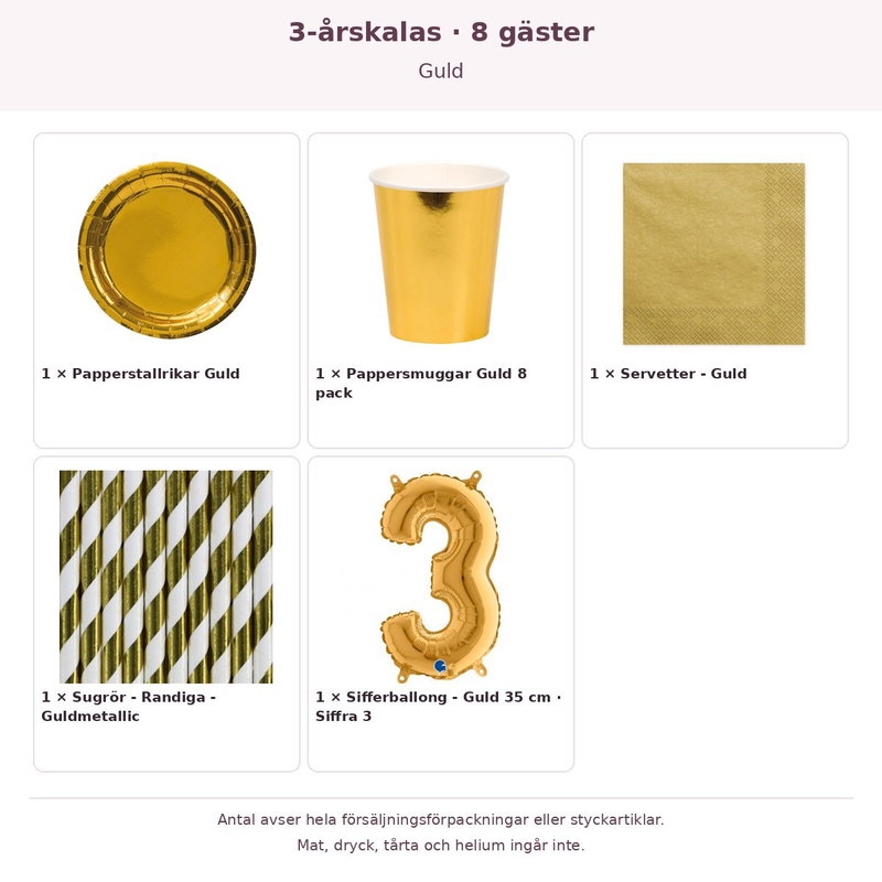 3-årskalas, Guld, kalaspaket, 8 gäster – innehåll och antal förpackningar