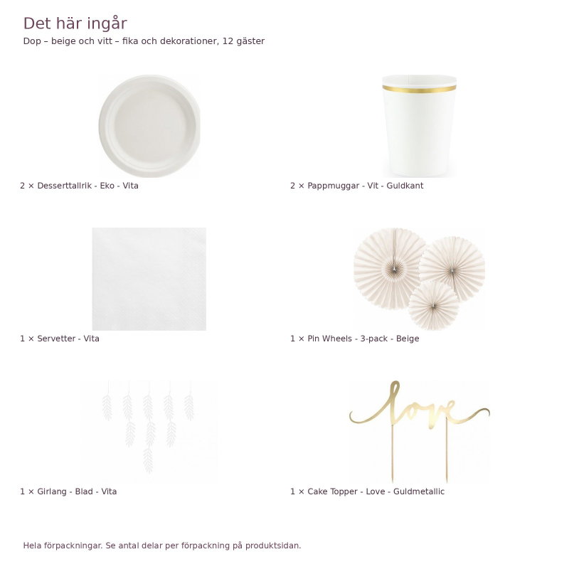 Dop – beige och vitt – fika och dekorationer, 12 gäster – innehåll och antal förpackningar