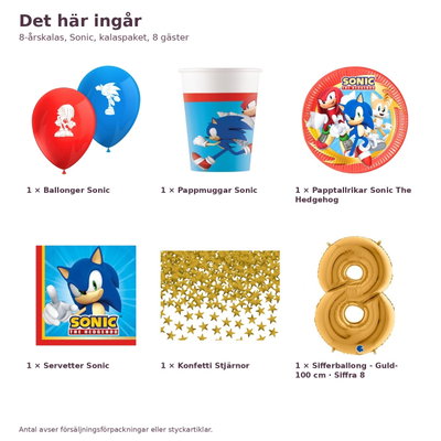 8-årskalas, Sonic, kalaspaket, 8 gäster – innehåll och antal, sifferballong 100 cm