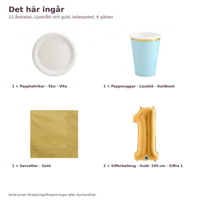 11-årskalas, Ljusblått och guld, kalaspaket, 6 gäster – innehåll och antal, sifferballong 100 cm