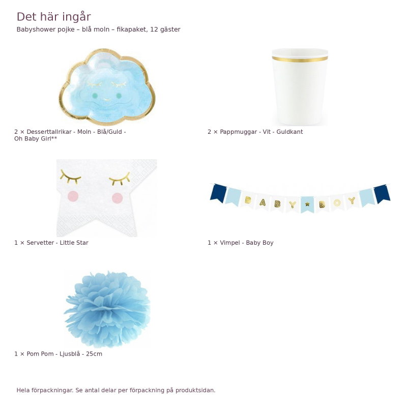 Babyshower pojke – blå moln – fikapaket, 12 gäster – innehåll och antal förpackningar