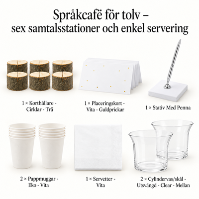 Språkcafé för tolv – sex samtalsstationer och enkel servering – innehåll och antal försäljningsförpackningar