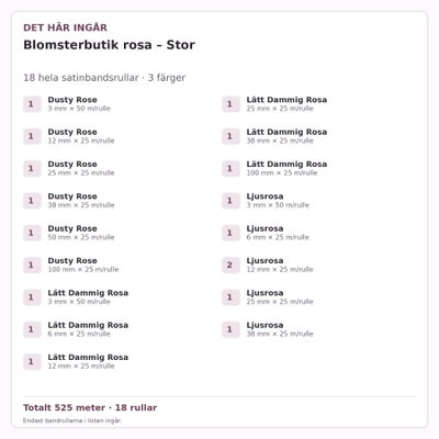 Det här ingår – Satinbandspaket – Blomsterbutik rosa – Stor – 18 rullar
