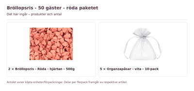 Bröllopsris - 50 gäster - röda paketet – innehåll och antal förpackningar