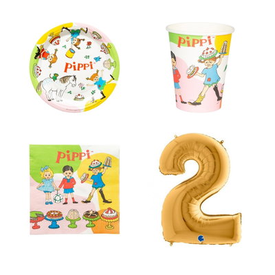 2-årskalas, Pippi Långstrump, kalaspaket, 8 gäster – paketets produkter med sifferballong 100 cm