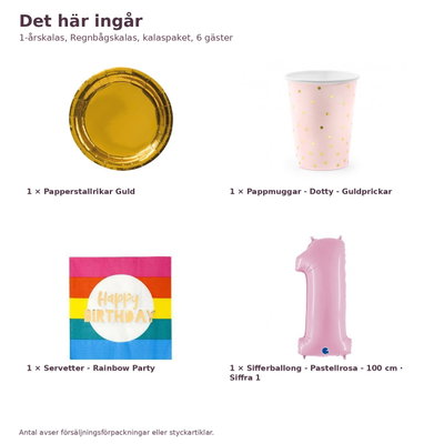 1-årskalas, Regnbågskalas, kalaspaket, 6 gäster – innehåll och antal, sifferballong 100 cm