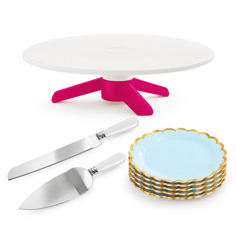 Produktöversikt: Tårtbuffé för tolv – fat, kniv, spade och assietter
