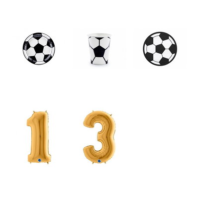 13-årskalas, Fotboll, kalaspaket, 6 gäster – paketets produkter med sifferballong 100 cm