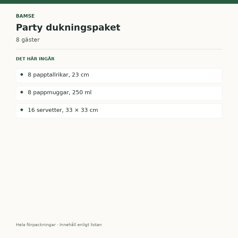 Bamse Party – dukningspaket för 8 gäster – innehåll och antal