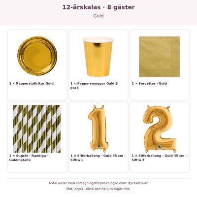 12-årskalas, Guld, kalaspaket, 8 gäster – innehåll och antal förpackningar