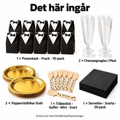 Black tie utan middag – tio små frackgåvor vid kanapébordet – innehåll och antal försäljningsförpackningar