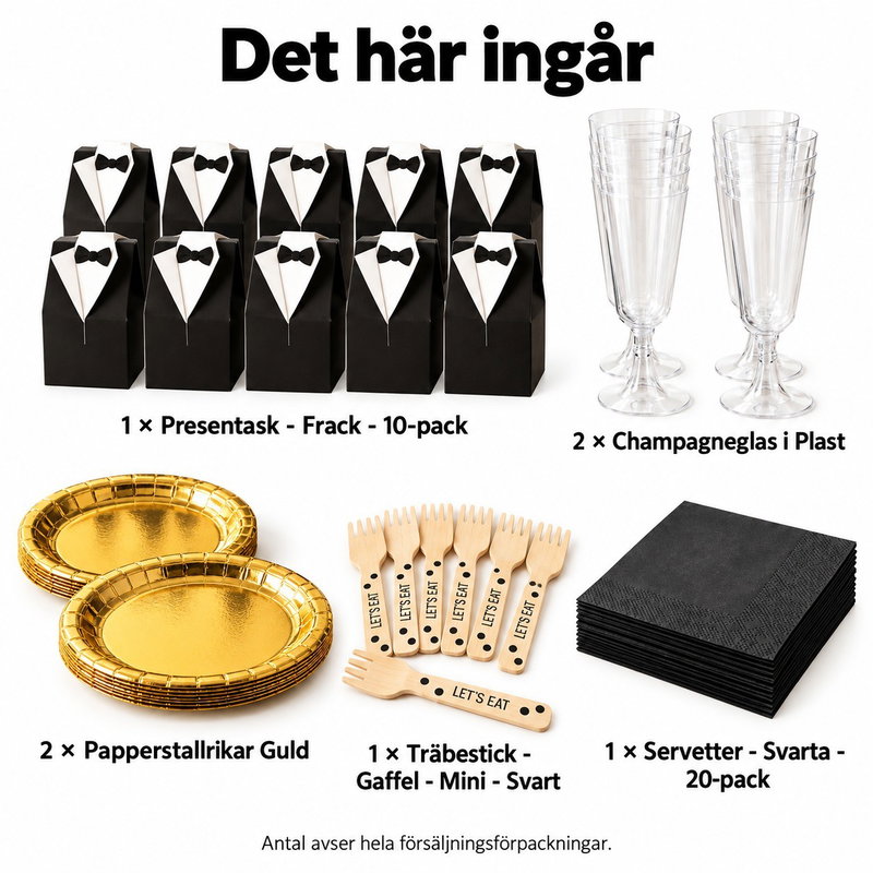 Black tie utan middag – tio små frackgåvor vid kanapébordet – innehåll och antal försäljningsförpackningar