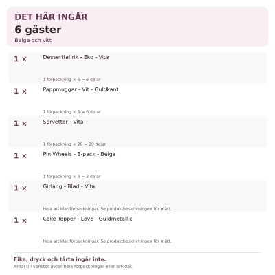 Dop – beige och vitt – fikadukning & dekorationer, 6 gäster – innehåll och antal
