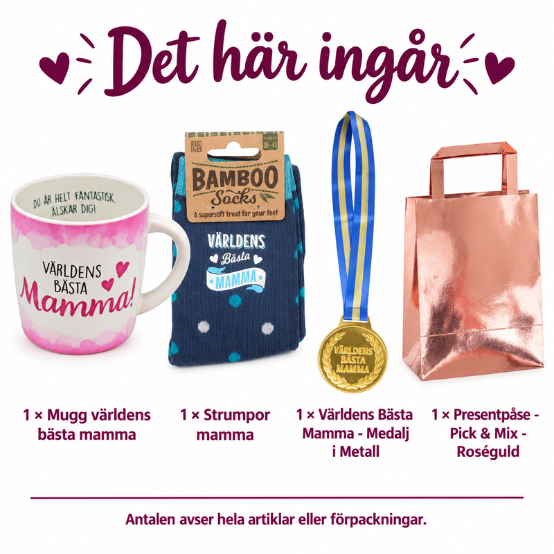 Mors dag – färdig presentpåse med mammamugg, strumpor och metallmedalj – innehåll och antal