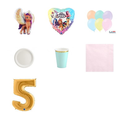 5-årskalas, My Little Pony, kalaspaket, 6 gäster – paketets produkter med sifferballong 100 cm