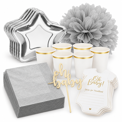 Babyshower – vitt och silver – dukning och minnen, 6 gäster – samlat paketinnehåll