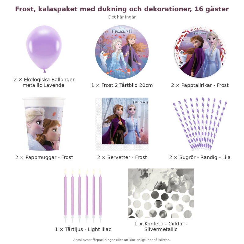 Frost, kalaspaket med dukning och dekorationer, 16 gäster – innehåll och antal förpackningar