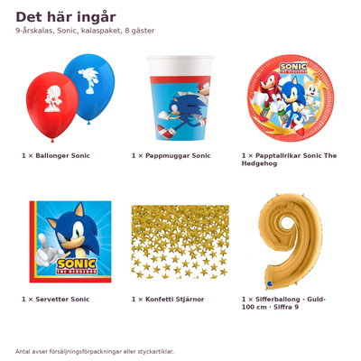 9-årskalas, Sonic, kalaspaket, 8 gäster – innehåll och antal, sifferballong 100 cm