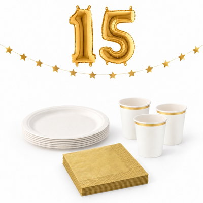 15-årskalas, Middagsfest – vitt och guld, kalaspaket, 6 gäster – paketets produkter