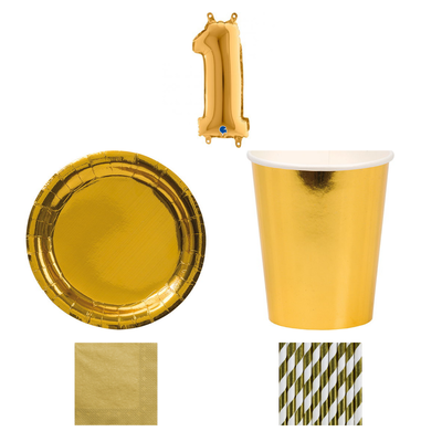 1-årskalas, Guld, kalaspaket, 8 gäster – sammansatt bild av paketets produkter