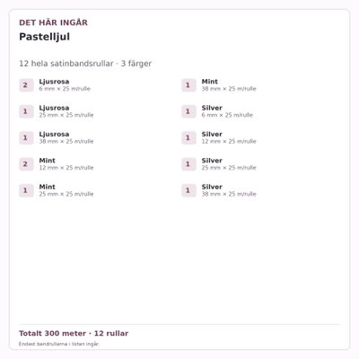 Det här ingår – Satinbandspaket – Pastelljul – 12 rullar